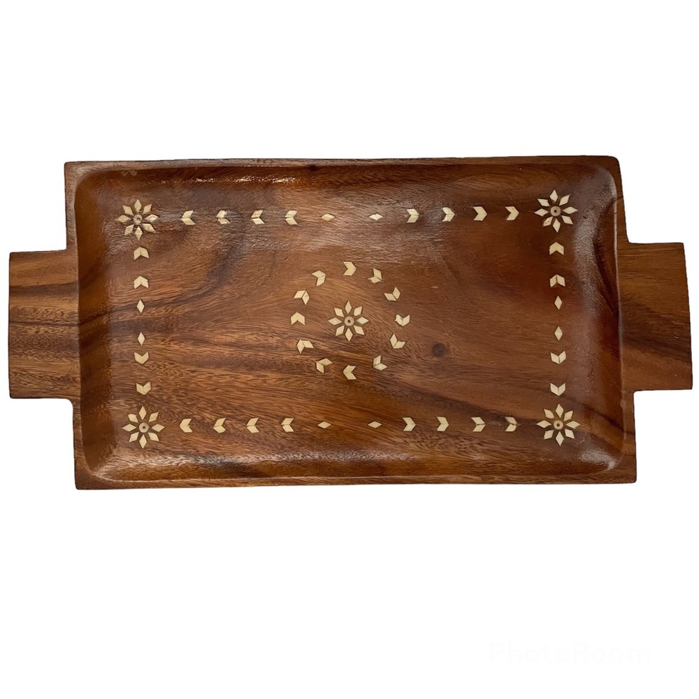 Wood Serving Tray With Shell Or Bone Inlay Floral Design Dark Wood Grain Vintage